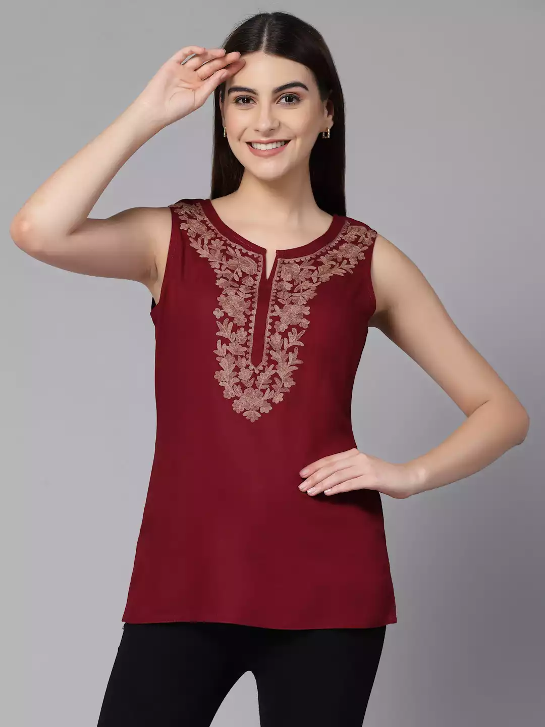 Amaira Maroon Sleeveless Short Kurti