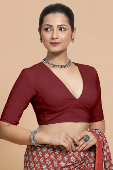 Malika x Rozaana | Deep Neck Saree Blouse in Cranberry Red Linen