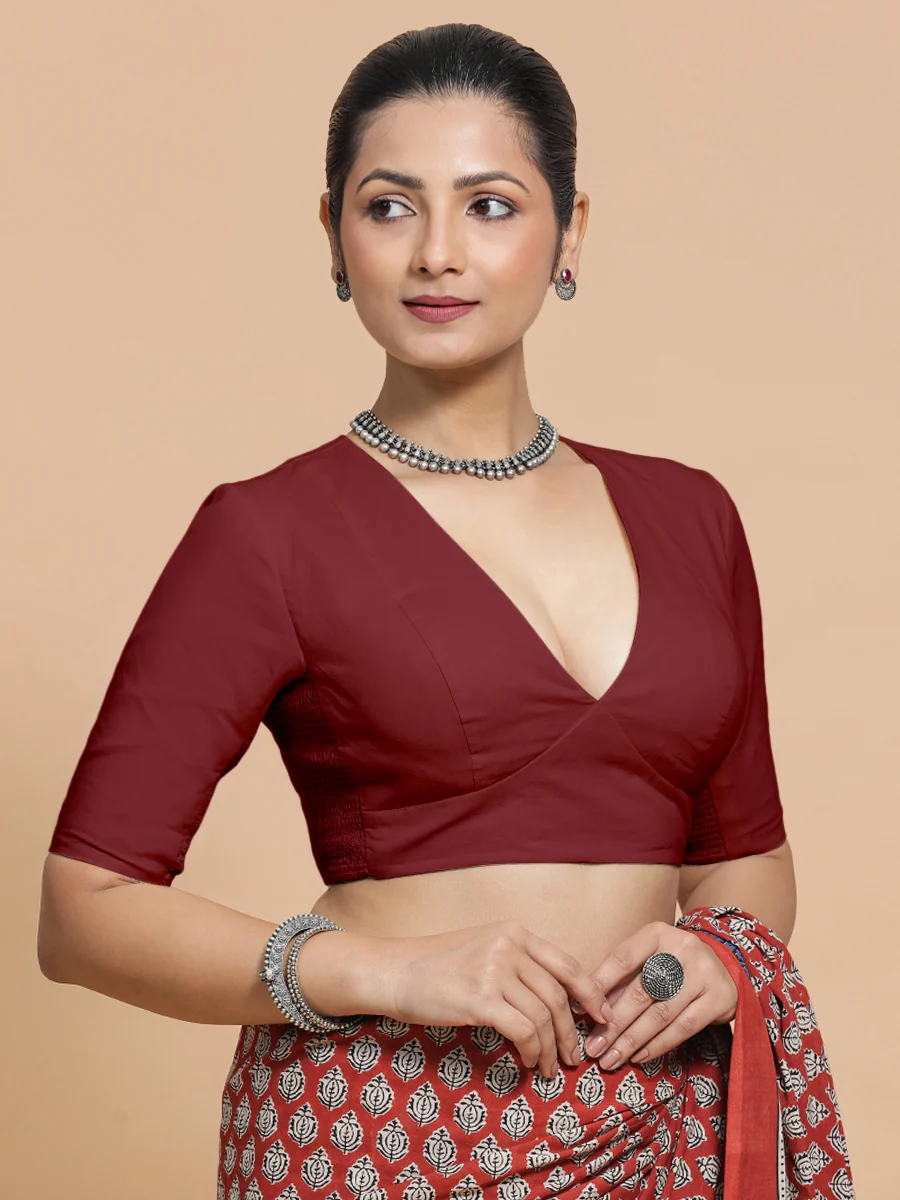 Malika x Rozaana | Deep Neck Saree Blouse in Cranberry Red Linen