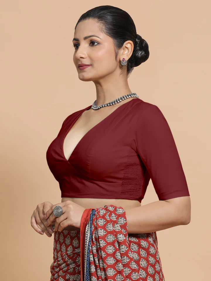 Malika x Rozaana | Deep Neck Saree Blouse in Cranberry Red Linen - Image 7