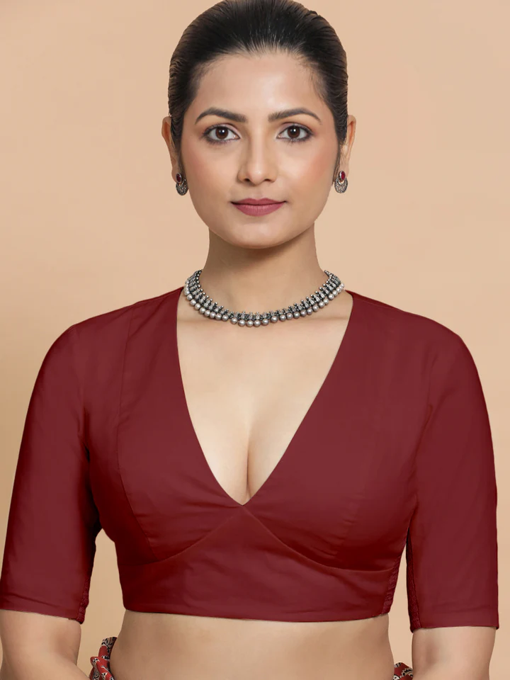 Malika x Rozaana | Deep Neck Saree Blouse in Cranberry Red Linen - Image 6