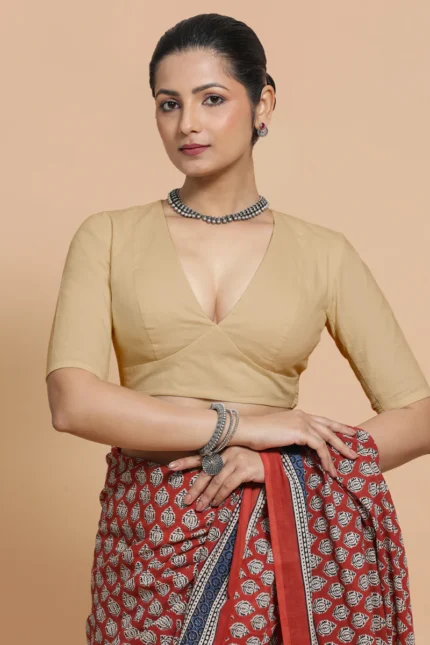 Malika x Rozaana | Deep Neck Saree Blouse in Ecru Beige Linen