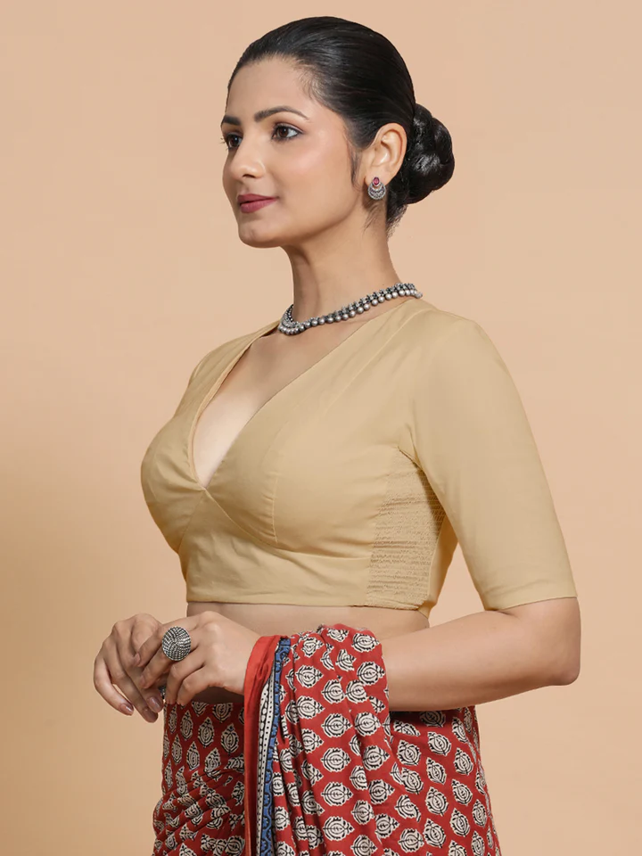Malika x Rozaana | Deep Neck Saree Blouse in Ecru Beige Linen - Image 8