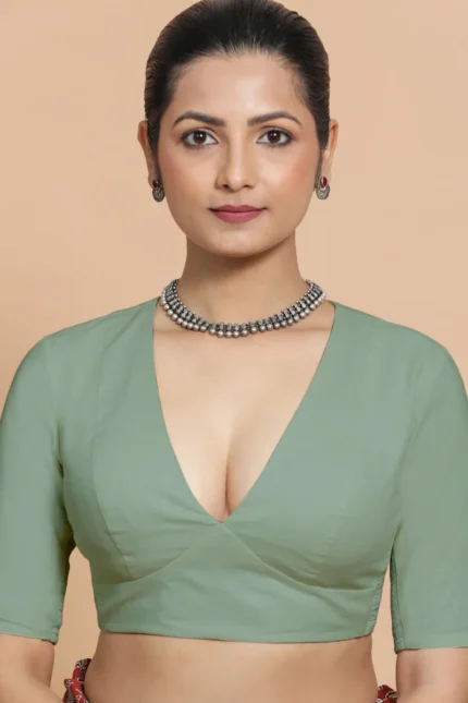 Malika x Rozaana | Deep Neck Saree Blouse in Peppermint Green Linen