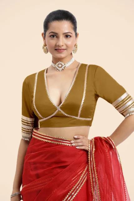 Nafeeza x Tyohaar | Bronze Gold Embellished Elbow Sleeves FlexiFi Saree Blouse with Plunging V Neckline with Tasteful Golden Gota Lace