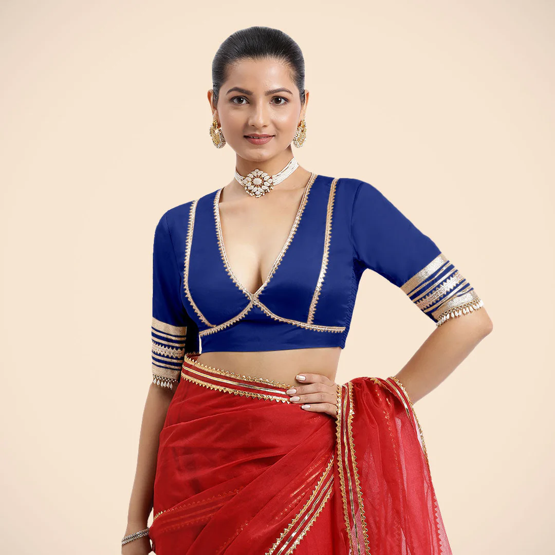 Cobalt Blue Embellished Elbow Sleeves Saree Blouse with Plunging V Neckline with Tasteful Royal Blue Gota Lace - Image 7