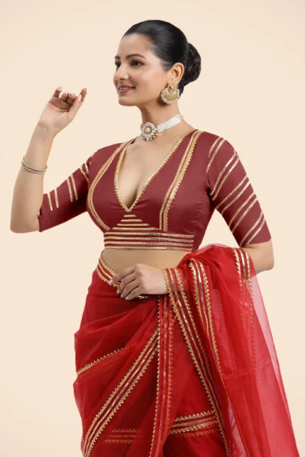 Navya x Tyohaar | Auburn Red Elbow Sleeves Saree Blouse