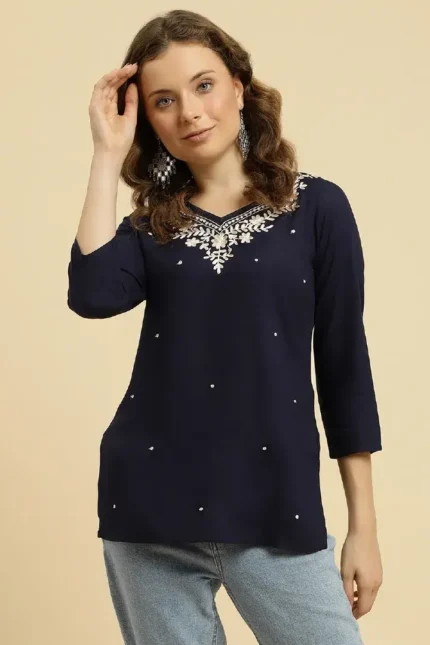 Blue Kashmiri Silk Work Short Kurti