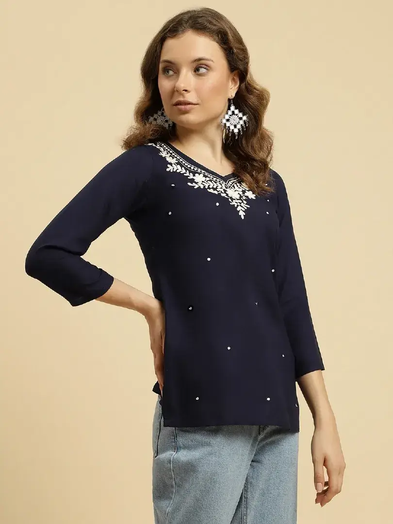 Blue Kashmiri Silk Work Short Kurti - Image 4