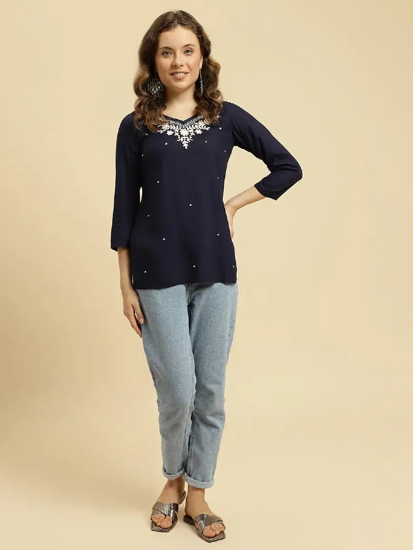 Blue Kashmiri Silk Work Short Kurti - Image 5