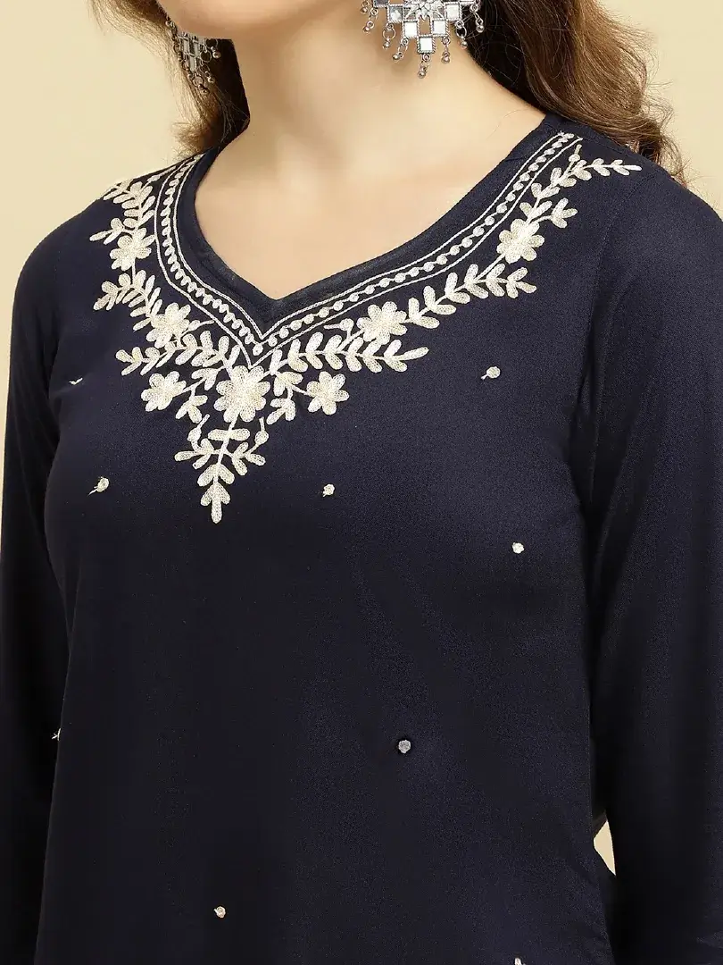 Blue Kashmiri Silk Work Short Kurti - Image 7