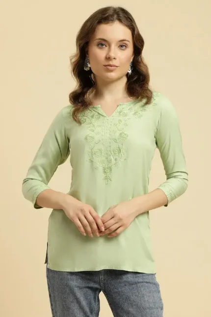 Pista Green Kashmiri Silk Work Short Kurti