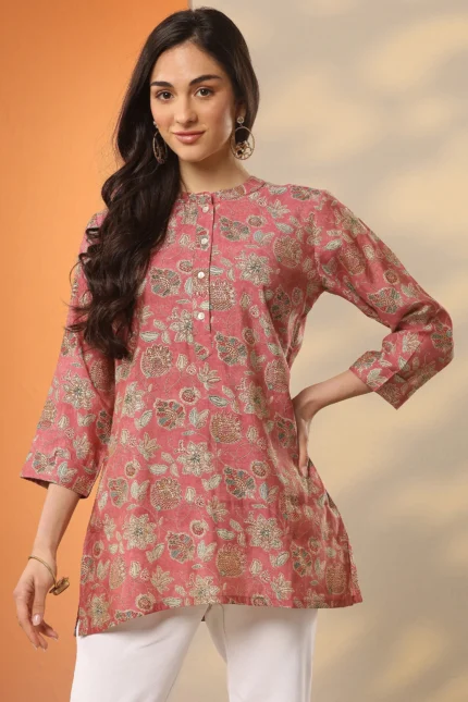 Pink Printed Silk Blend Straight Short Kurti