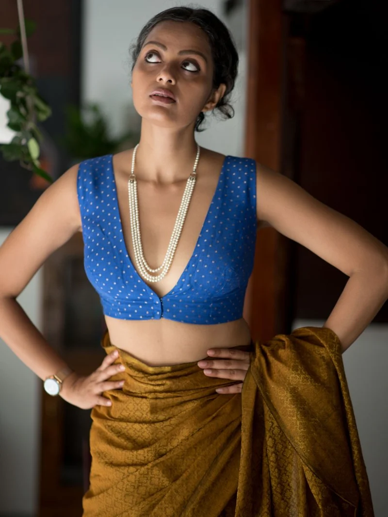 Blue Silk Sleeveless V Neck Benarasi Blouse - Image 5