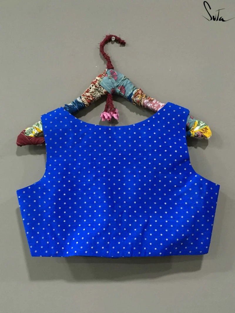 Blue Silk Sleeveless V Neck Benarasi Blouse - Image 4