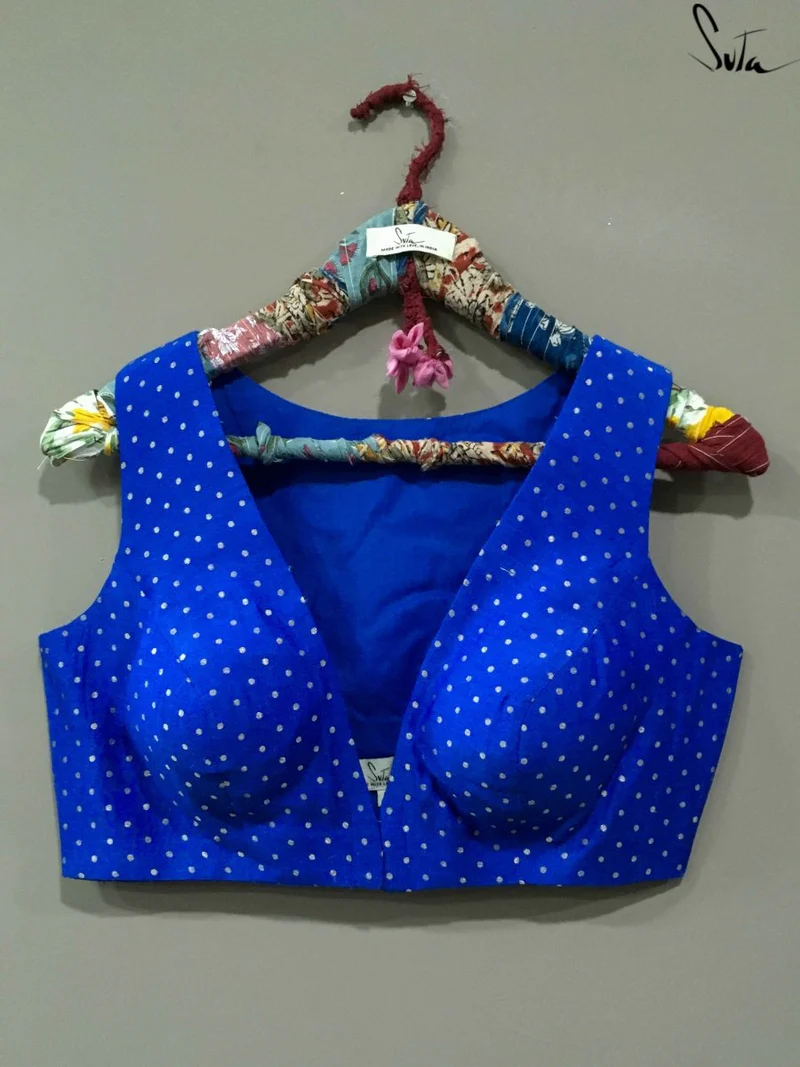 Blue Silk Sleeveless V Neck Benarasi Blouse - Image 3