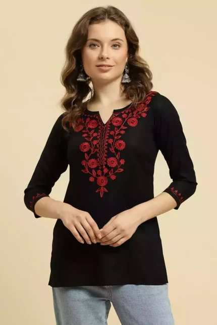 Black Kashmiri Silk Work Short Kurti