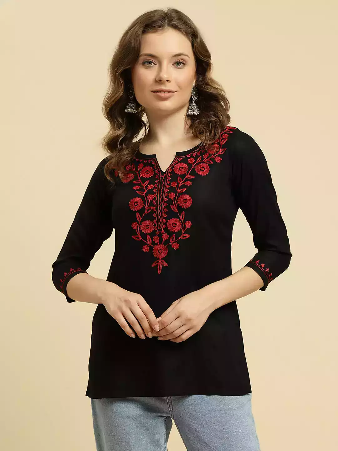 Black Kashmiri Silk Work Short Kurti