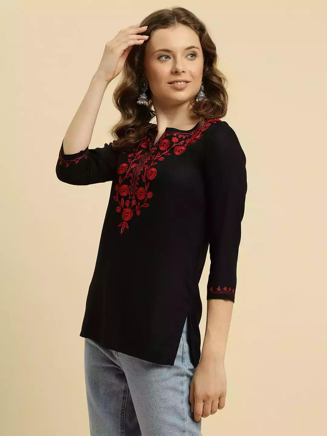 Black Kashmiri Silk Work Short Kurti - Image 6