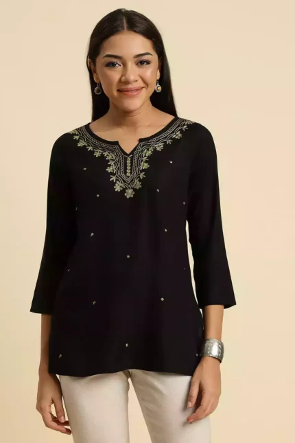 Black Pashmina Work Short Kurti