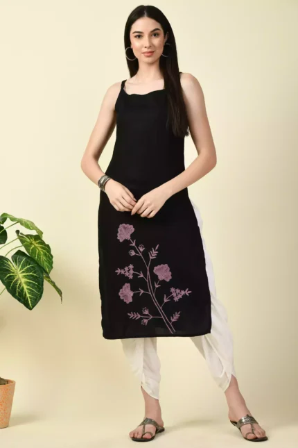Black Pashmina Work Sleeveless Kurti
