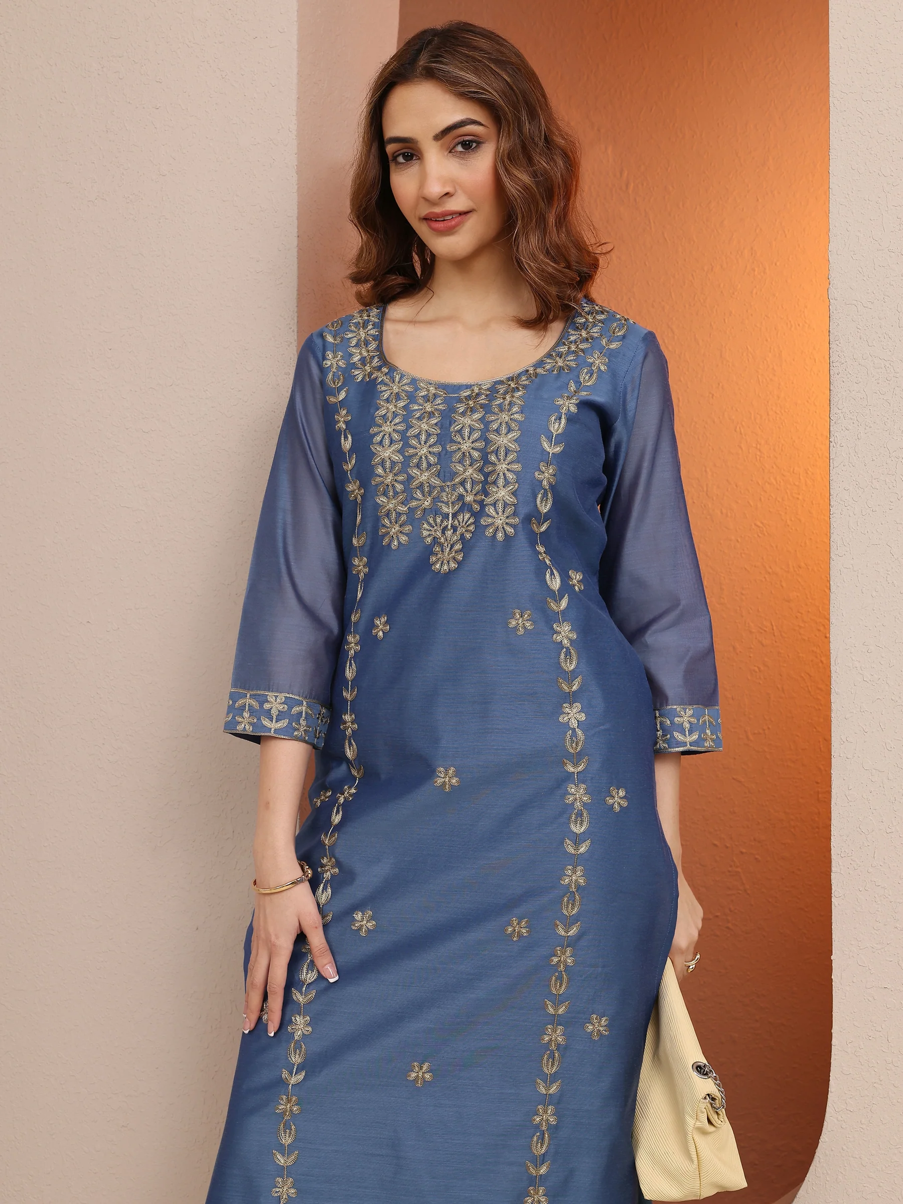 Blue Embroidered Chanderi Silk Straight Kurta - Image 6