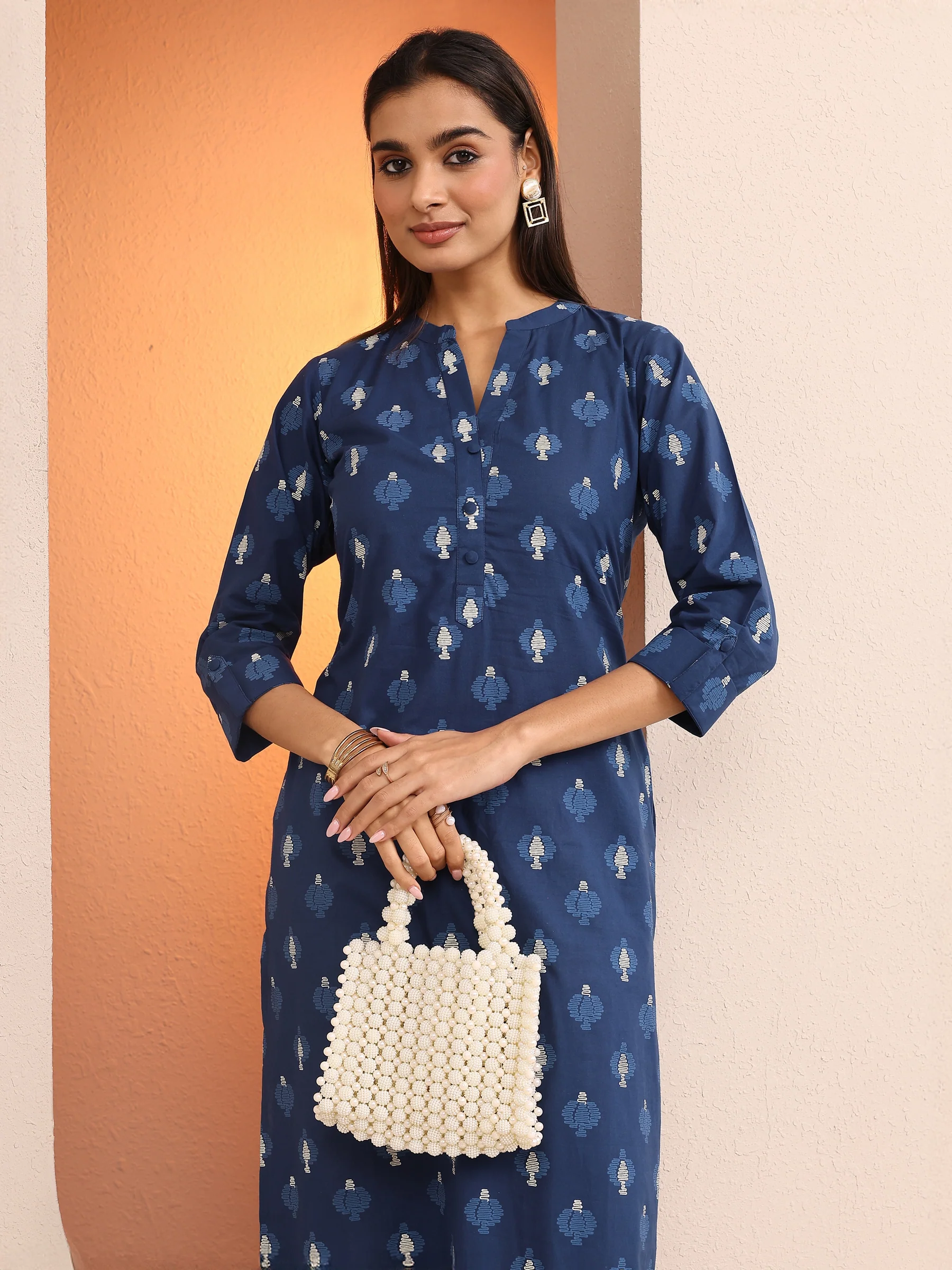 Blue Printed Cotton Straight Kurta - Image 6