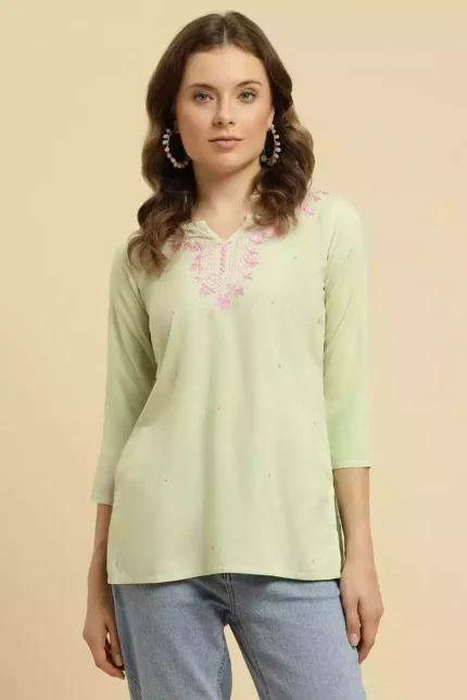 Pista Green Pashmina Work Short Kurti