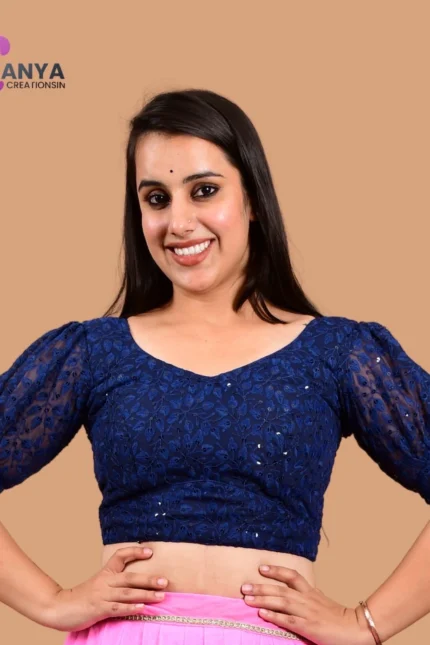 Chikankari embroidery Round-Neck Sleeves Cotton Saree Blouse - Non-Padded