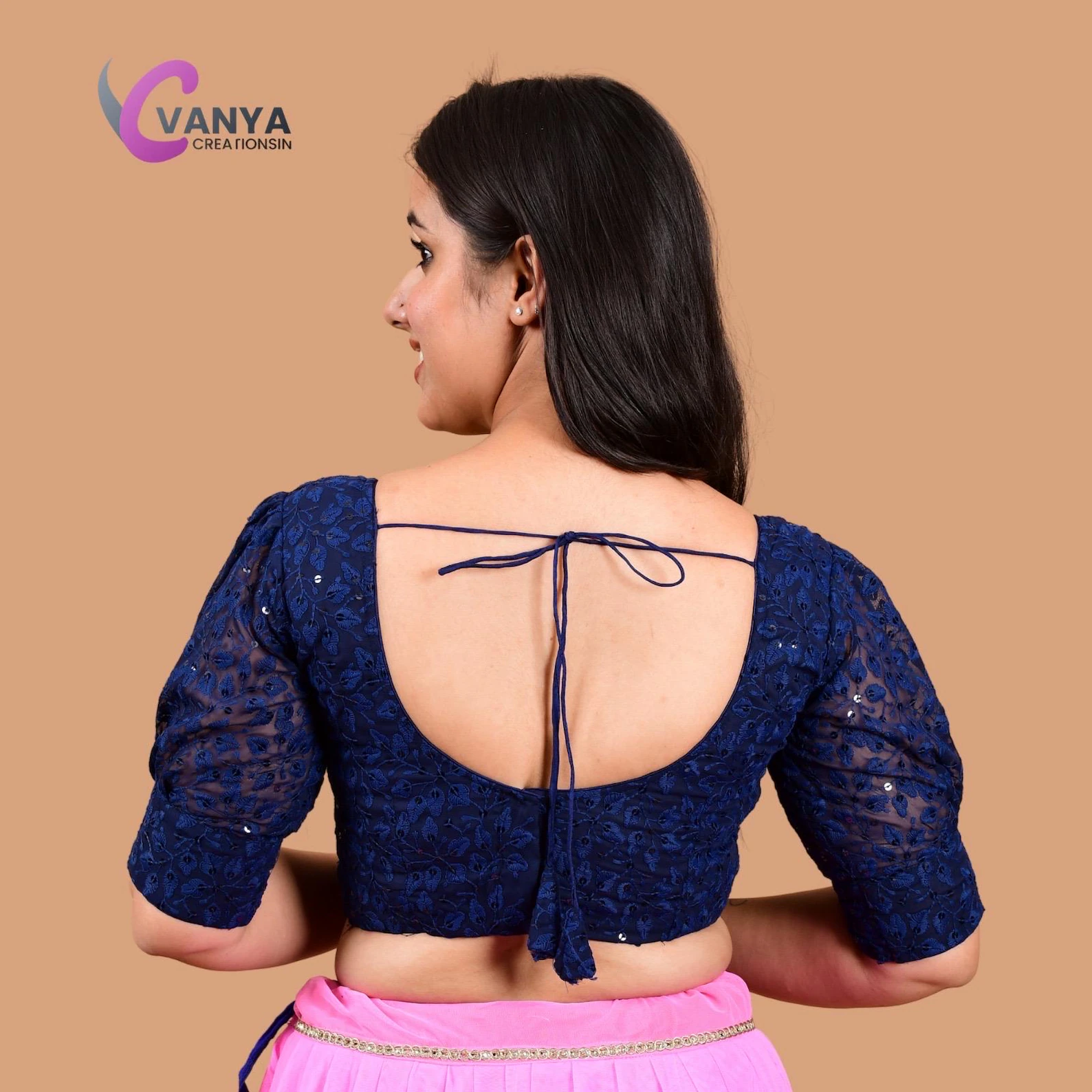 Chikankari embroidery Round-Neck Sleeves Cotton Saree Blouse - Non-Padded - Image 3