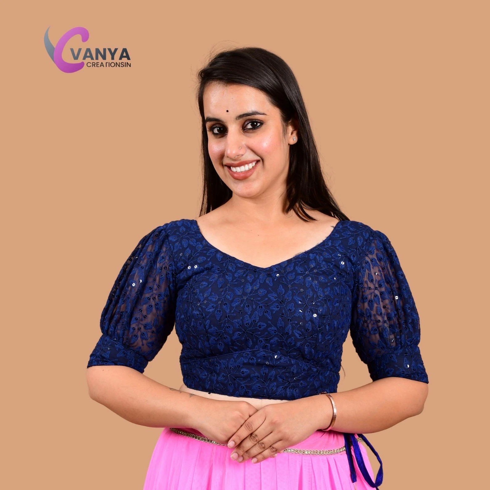 Chikankari embroidery Round-Neck Sleeves Cotton Saree Blouse - Non-Padded - Image 6