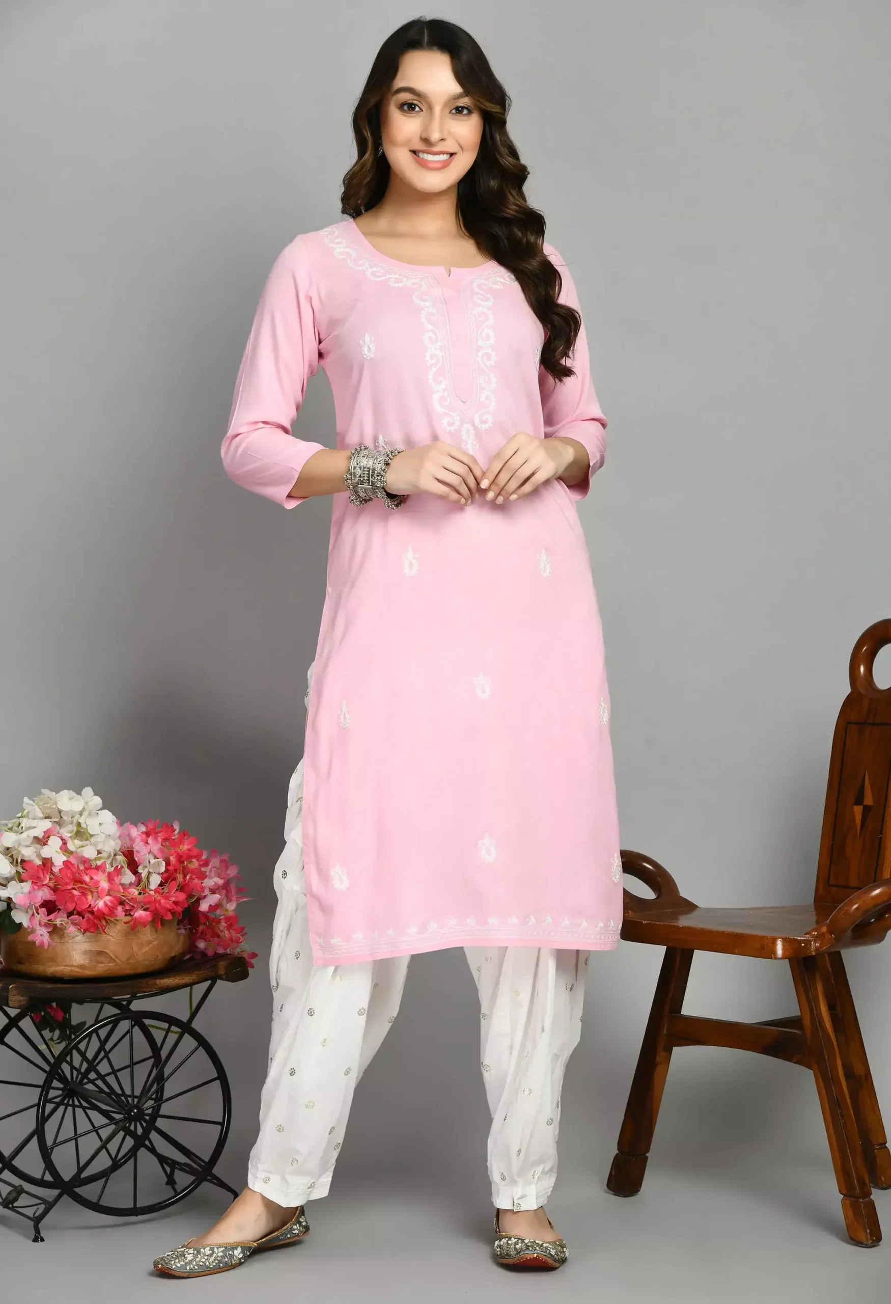 Light Pink Pashmina Work Kurti
