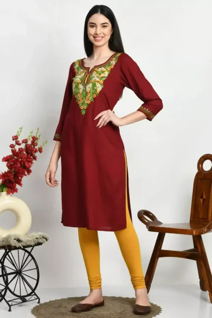 Maroon Colored Multi Embroidered Kurti
