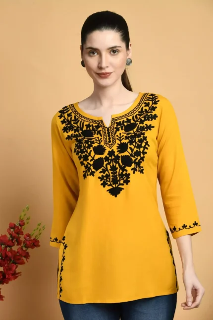 Mustard Colored Kashmiri Short Kurti