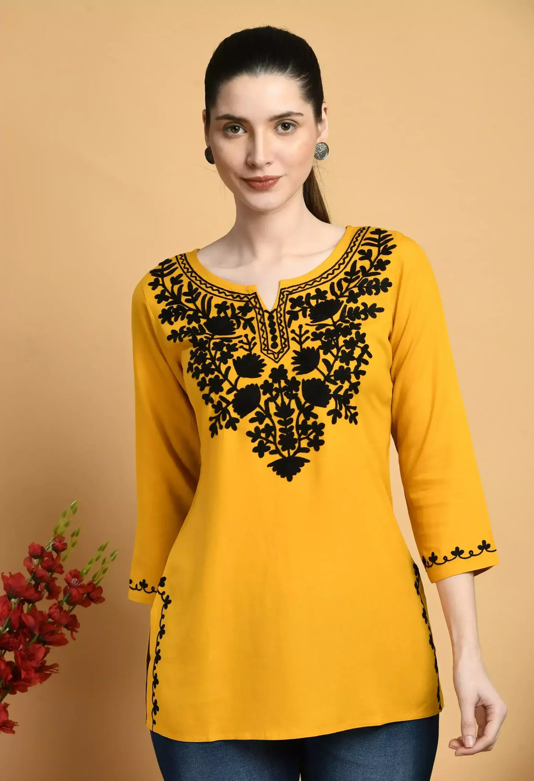 Mustard Colored Kashmiri Short Kurti