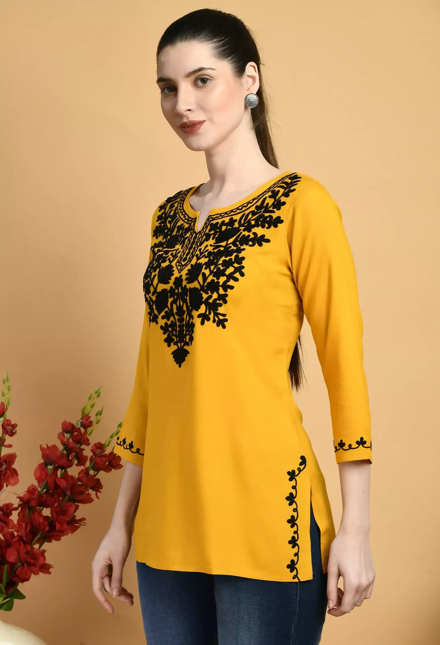 Mustard Colored Kashmiri Short Kurti - Image 6