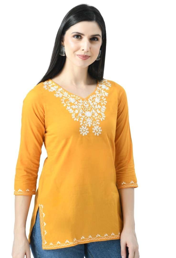 Mustard Yellow Resham Work Short Kurti