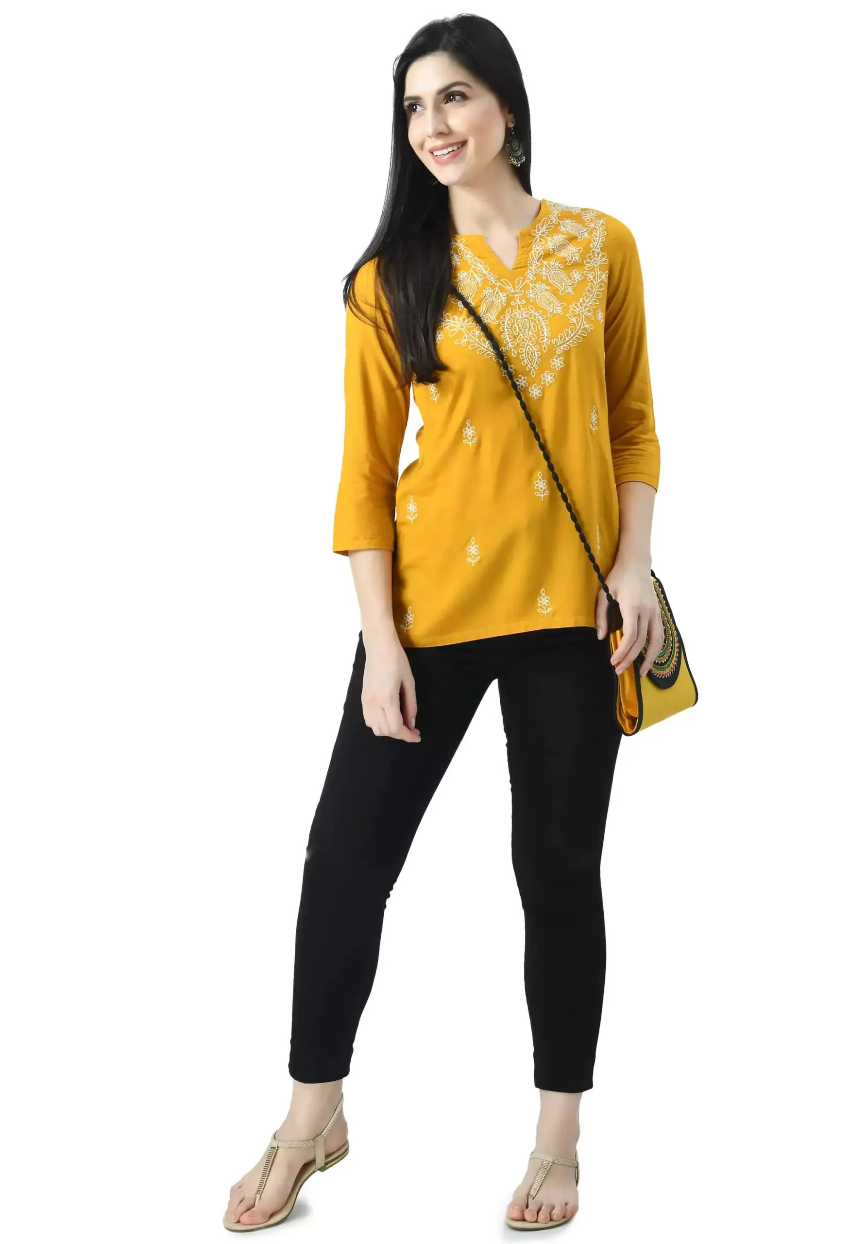 Mustard Yellow Chikankari Short Kurti - Image 3