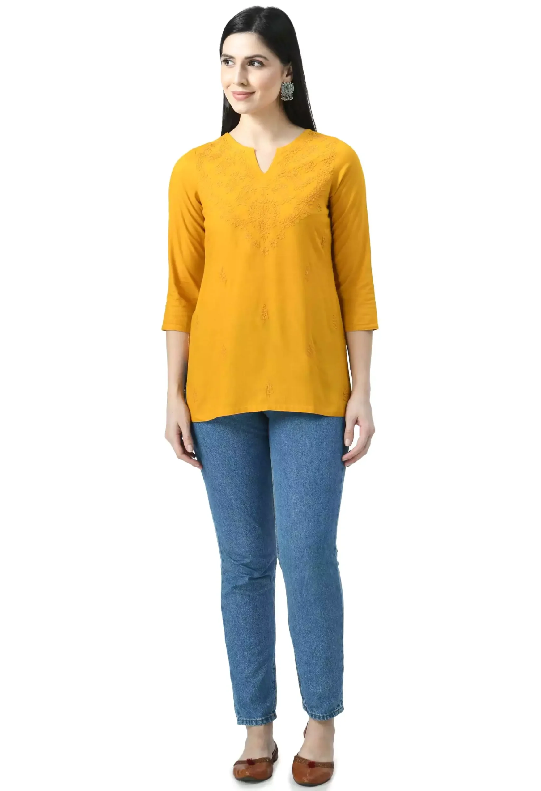 Mustard Self Chikankari Short Kurti - Image 4