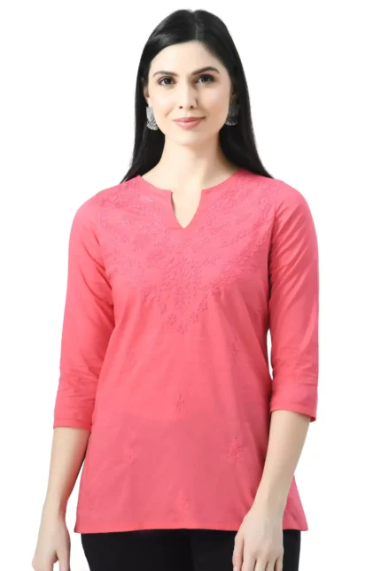 Pink Self Chikankari Short Kurti