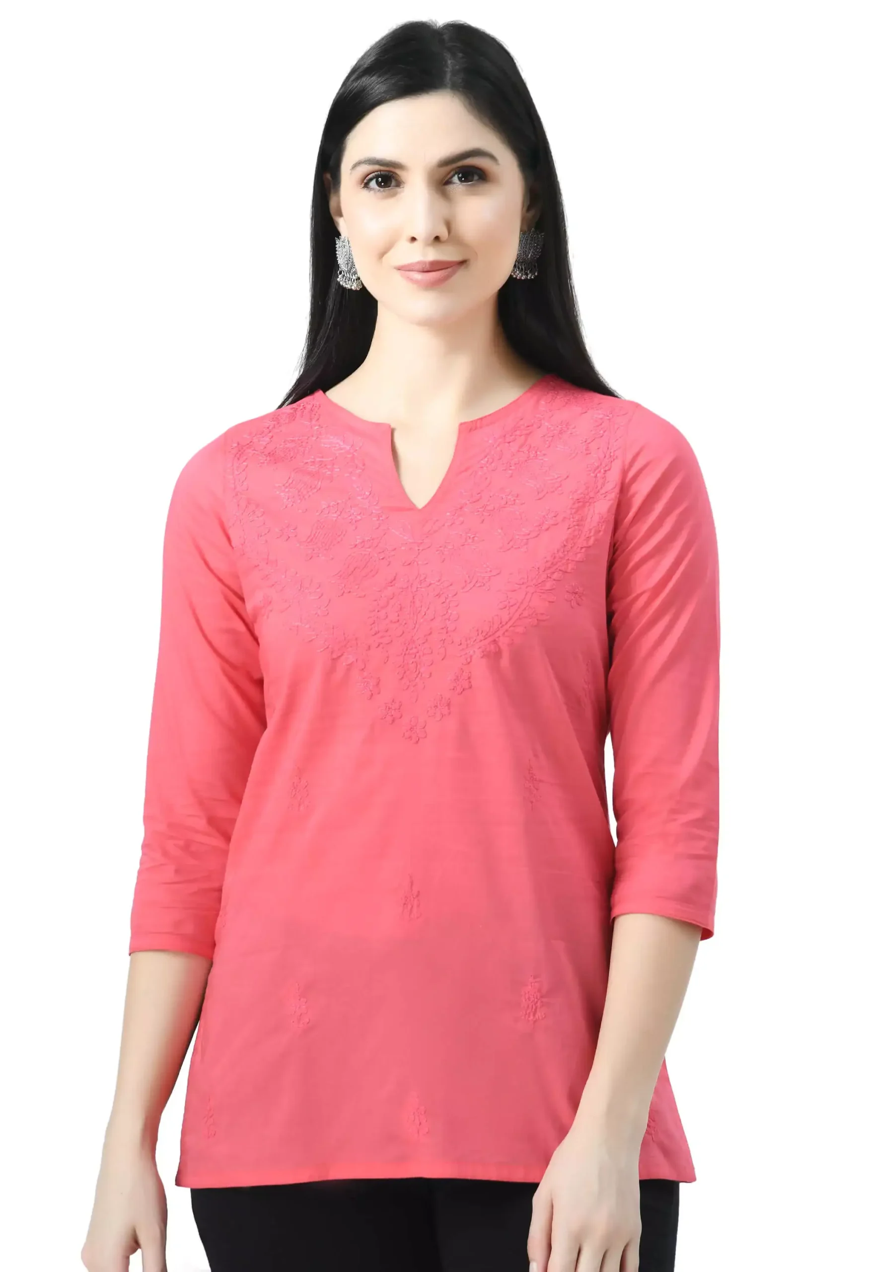 Pink Self Chikankari Short Kurti