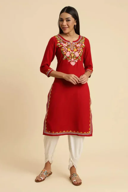 Red Kashmiri Multi Colored Embroidered Kurti