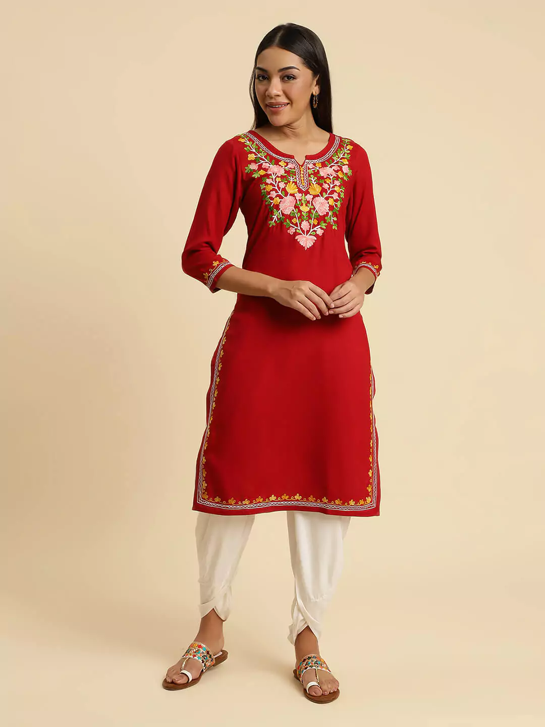 Red Kashmiri Multi Colored Embroidered Kurti