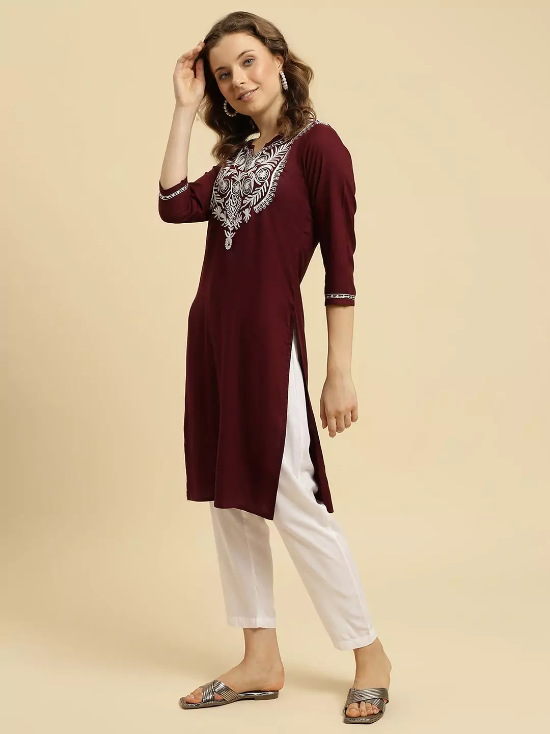 Wine Silk Embroidered Kashmiri Kurti - Image 5