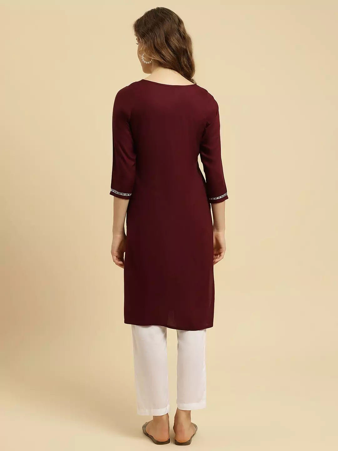 Wine Silk Embroidered Kashmiri Kurti - Image 6