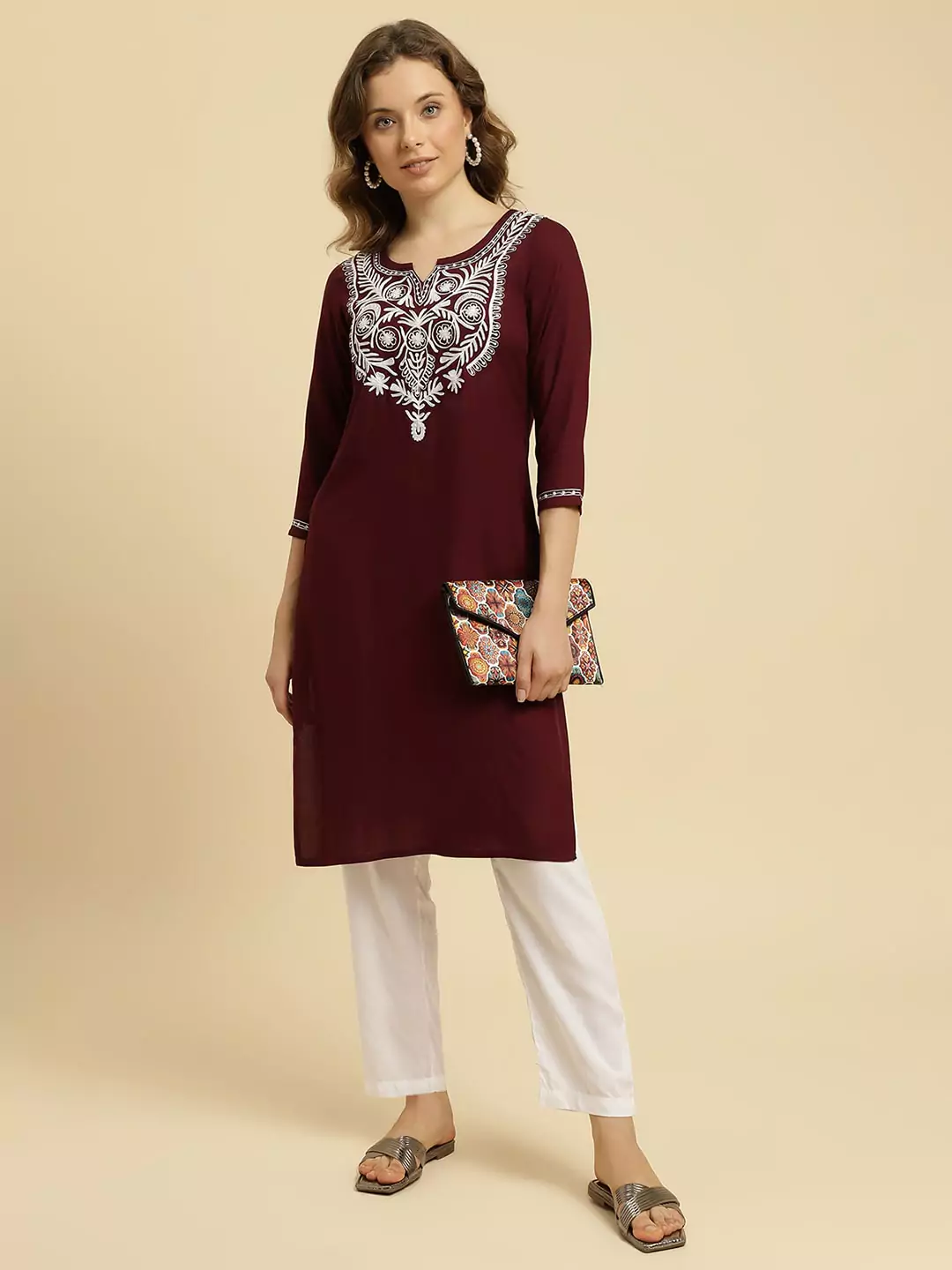 Wine Silk Embroidered Kashmiri Kurti - Image 3