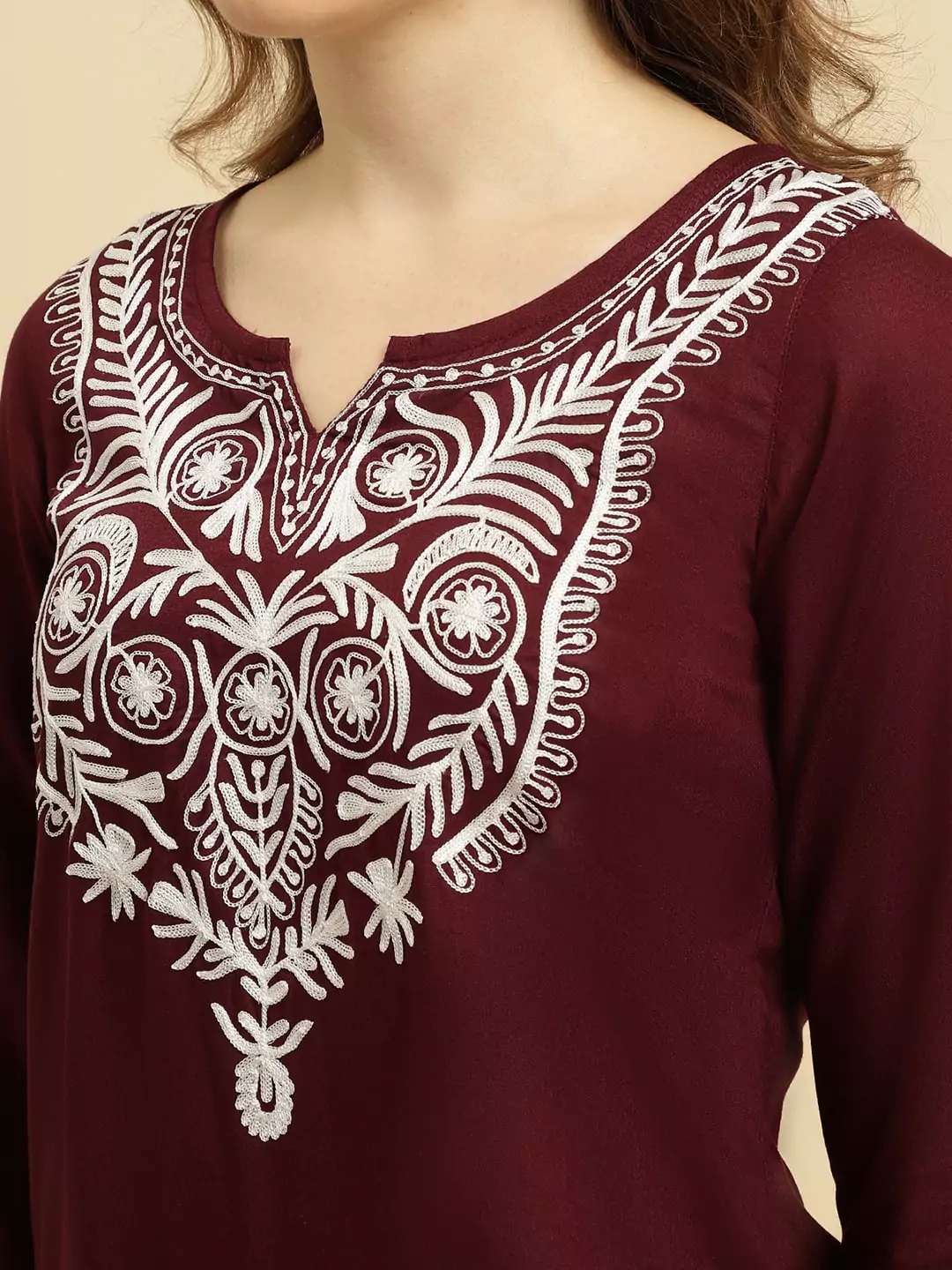 Wine Silk Embroidered Kashmiri Kurti - Image 4