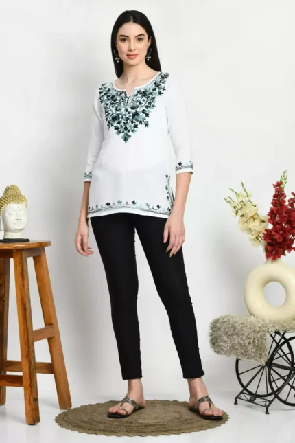 Amunet White Kashmiri Embroidered Short Kurti