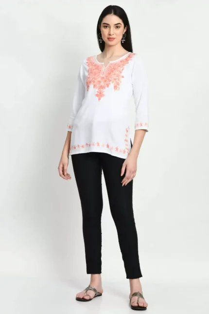 White Kashmiri Embroidered Short Kurti