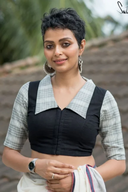 Black Cotton Elbow Sleeve Blouse With V Neck